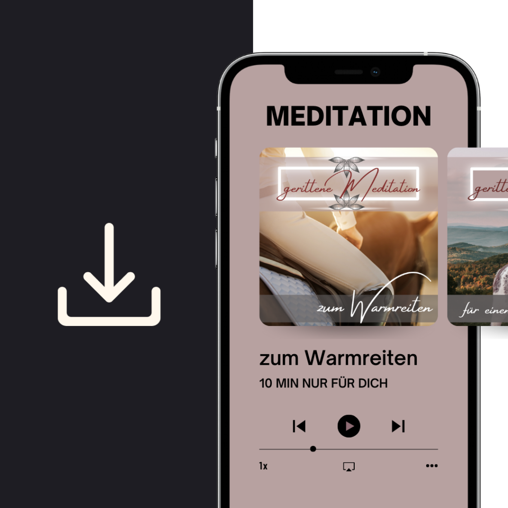Ein Smartphone, welches das Abspielen der gerittenen Meditation zum Warmreiten anzeigt. Daneben ist ein Downloadzeichen zu sehen.